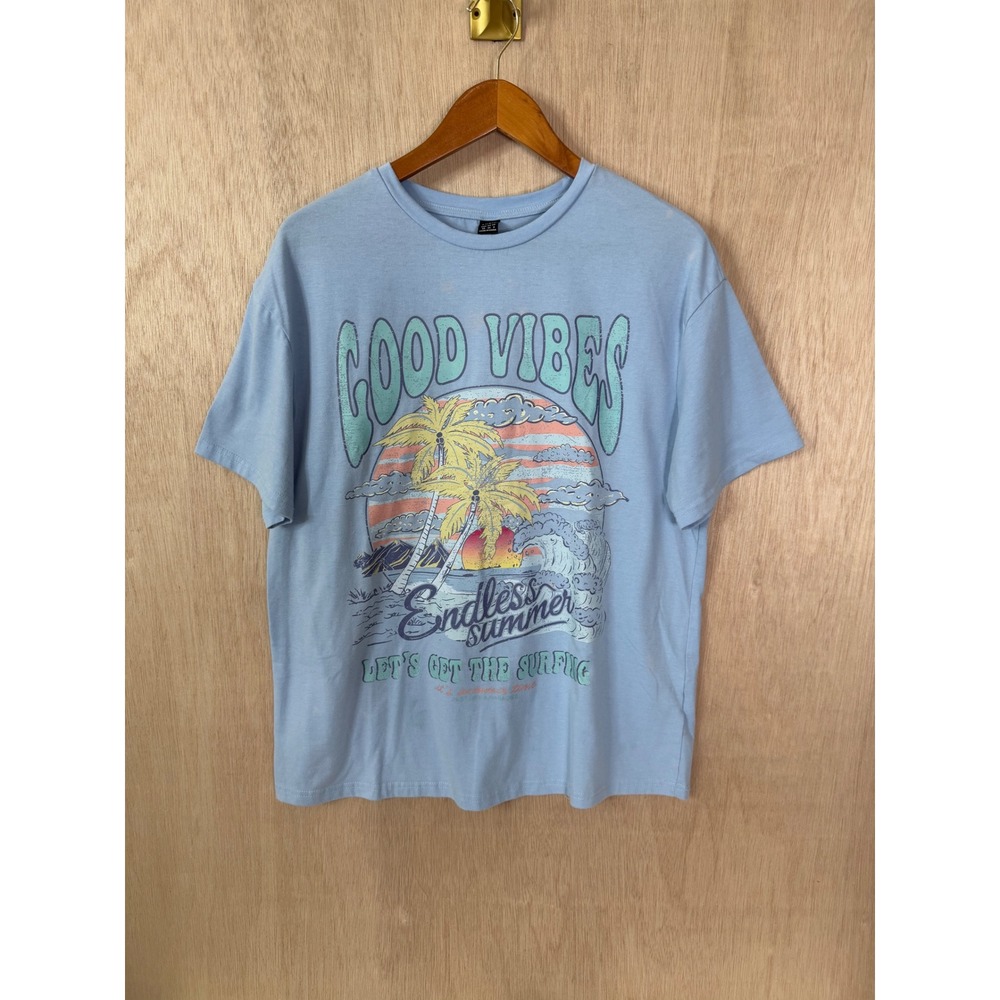 Shein Good Vibes Endless Summer Graphic T-Shirt Blue Palm Tree Surf Size L